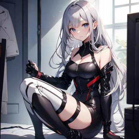 Silver-haired woman、One woman、cute little、20yr old、AI、Black clothe、plugsuit、top-quality