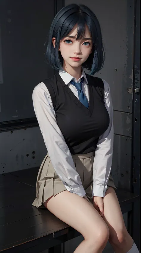 (Masterpiece: 1.3), Best Quality, Ultra High Resolution, 1girll, (big boobs:1.1), (blue hair, green eyes, bangs, short hair) ((girl akanekurokawa )) pe rfect eyes, has an extremely sexy body, with full breasts and a thin waist, and an extremely sexy body, ...