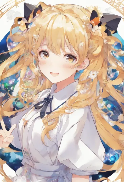 Best Quality, White background, Whole body, Wide Shot, ultra-detailliert, japanese anime style, 1 loli girl, Whole body, Gold hair up on both sides, Odd Eyes, sleeves past wrists, Happy smile