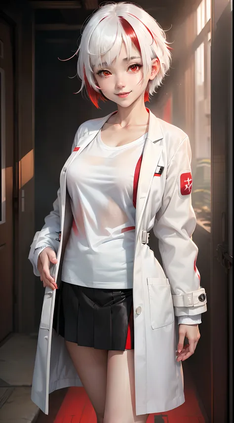 1 girl,Realistic anime girl, young girl, short hairs, ((white coat, t-shirt, black skirt)),((( white hair with red highlights))), smiling,((small breasts)), full body