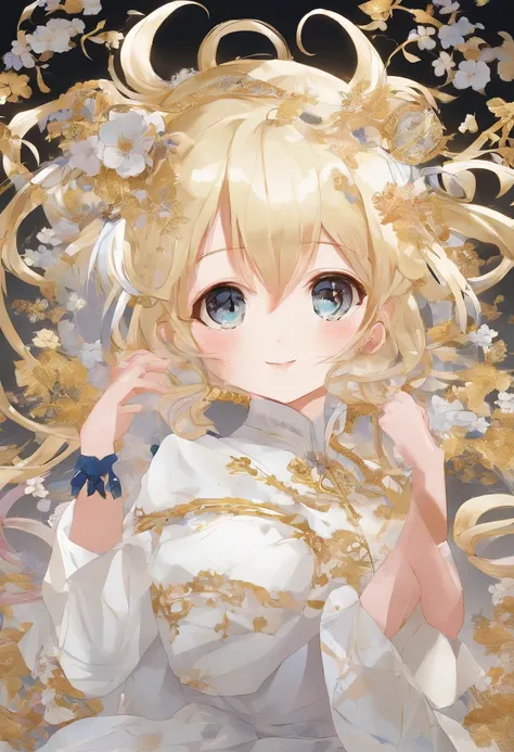 master piece, Best Quality, White background, Whole body, Wide Shot, insanely detailed
, japanese anime style, 1 loli girl, Whole body, Gold hair up on both sides, Odd Eyes, sleeves past wrists, Happy smile