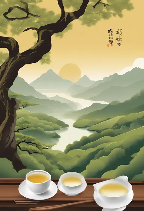 The following is a scene description of the Sanqing Mountain White Tea packaging poster：

On this packaging poster of Sanqing Mountain White Tea，The first thing that catches your eye is a fresh and elegant picture。The background of the poster is Sanqing Mo...