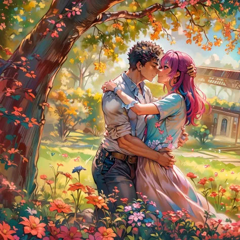 (ultra-detailed, highres, 1.37), (hdr, vivid colors), couple in love, riamu and guts, a beautiful sunny day in the park, husband...