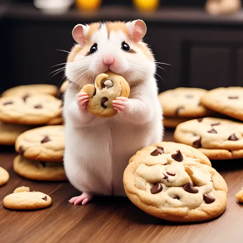 Chibi,hamster,Cartoon fat hamster eats cookies,sittiing,Aggressive eyes,Detailed body, Background Kitchen Hood,Cute face,Cookie Retention,