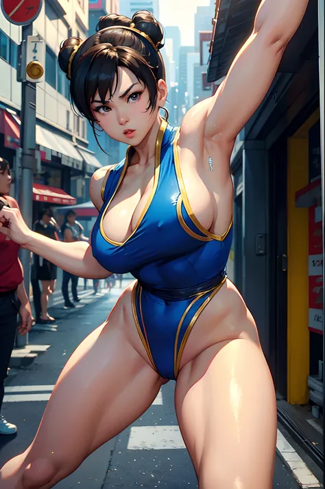 chun li, street fighter, on the city street, dynamic pose, highly detailed, deep focused image, realistic full-lenght photo