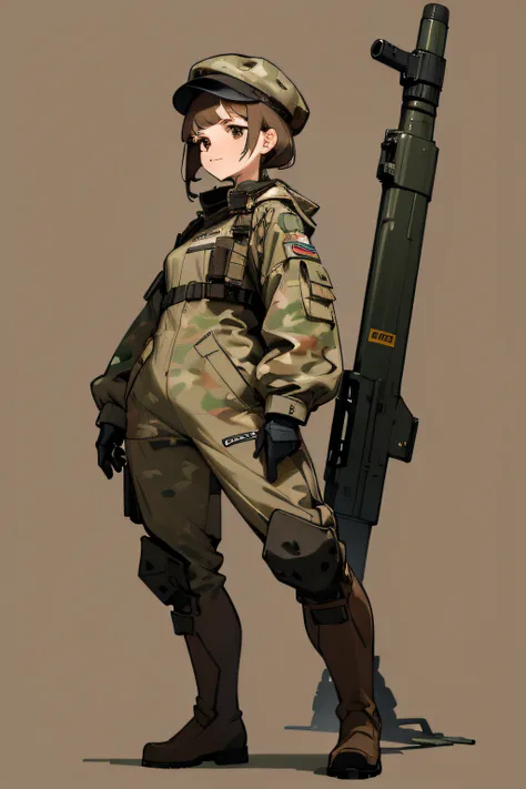 A woman with below average height, short dark blonde hair with asymmetrical bangs, dark brown eyes, aquiline nose. She has an average physical appearance, Woman wearing a brown camouflage suit, black boots and brown camouflage hat.