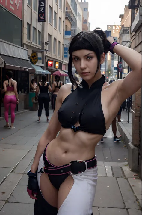 juri, street fighter, on the city street, dynamic pose, beads of sweat, highly detailed, deep focused image, realistic full-lenght photo