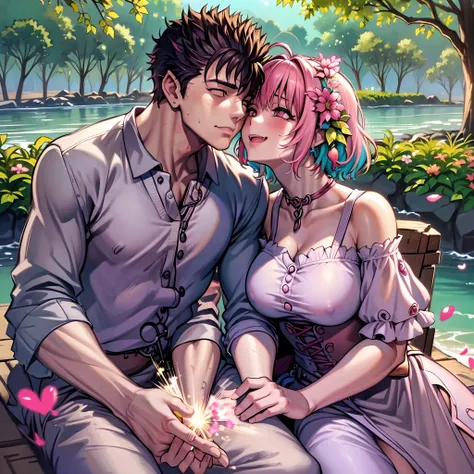 (ultra-detailed, highres, 1.37), (HDR, vivid colors), couple in love, riamu and guts, a beautiful sunny day in the park, husband and wife enjoying a romantic picnic under a shady tree. The couples affectionate gestures and loving smiles create a heartwarmi...