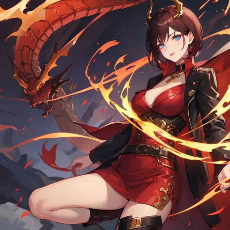 woman, brunette waivy short hair, gold-blue eyes, long boots, red and black outfit modern with oriental elements, dragon horns and dragon tail, red lipstick, in jacket with golden elements