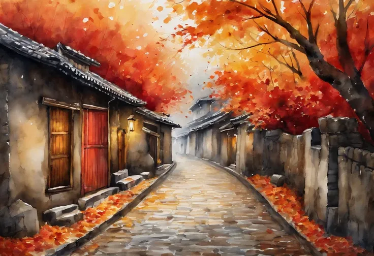 ancient city,kyoto,Traditional architecture of Japan,Cobblestone alley,Back alley,autumnal,Colored leaves,Bright autumn leaves, red leaves, golden leaves