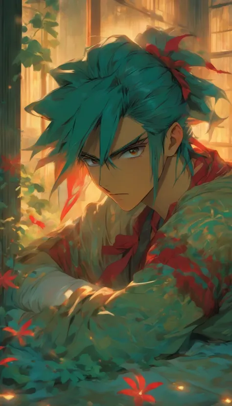 /imagine prompt: A young man lying on the bed, pale face and fine beads of sweat on his forehead, he wears his teal dark blue colored hair long and ties it back in a low ponytail adorned with red laces, an old and dilapidated room with dim light shining on...