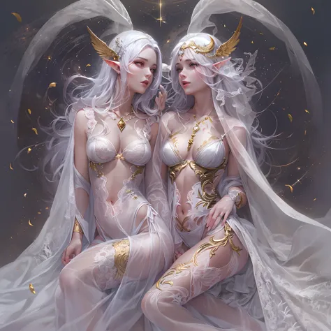 Sisters, Milky Way, Crescent Moon, Meteor Shower, Silver Hair, Feathered Angel Wings, Elven Ears, Transparent Finish, Realistic Body Lines, (((Many long white lace veils flutter in the wind))),((Red tattoo with womb under the navel))))), (Silk gold and sil...