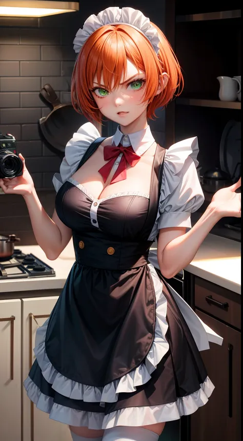 photo of th3r0ck as a playful maid, 1girl, undercut hair, apron, amazing body, pronounced feminine feature, busty, kitchen, orange medium hair, green eyes, flirting with camera, angry