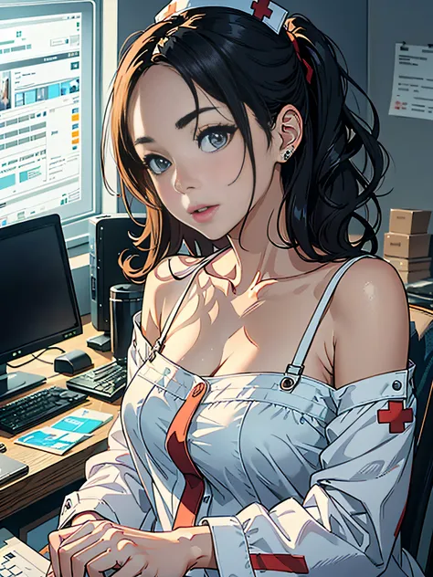 Woman who is reading and studying, young woman, computer in the room, mature looking, willow eyebrows, big eyes, woman with delicate facial features, woman sitting at the computer desk live broadcast, detail portrayal, infinite detail, Tyndall effect, ultr...