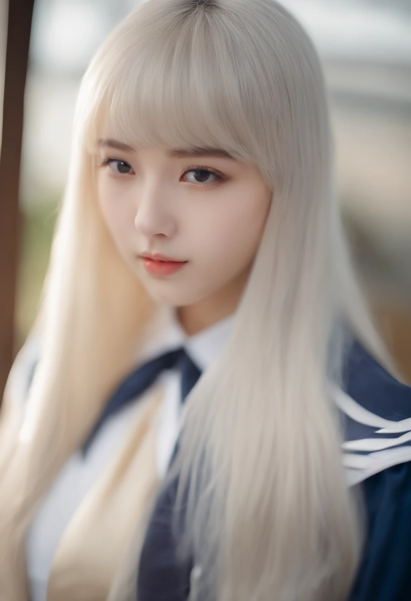 bust shot、sailor uniform、Student clothes、Beautiful girl with a perfect beautiful face、Glossy white leather with shiny firmness、bangs between the eyes、Super Long And Straight Shiny Beautiful Platinum Blonde、super long straight hair、eye liner、sexy and beauti...