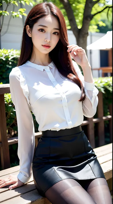 Upper class woman sitting on beautiful park lawn with purse and handbag, Sitting, (No bra)、Wearing an ultra-thin silk blouse over naked、Wearing (Sukesuke Silk Blouse:1.3), jaw-dropping beauty、 thighhighs and skirt, (Wearing ultra-realistic pantyhose)、elega...