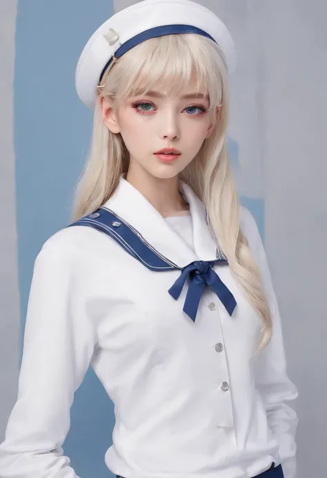 bust shot、sailor uniform、Student clothes、Beautiful girl with a perfect beautiful face、Glossy white leather with shiny firmness、bangs between the eyes、Super Long And Straight Shiny Beautiful Platinum Blonde、super long straight hair、eye liner、sexy and beauti...