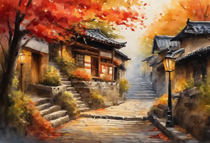 ancient city,kyoto,Traditional architecture of Japan,Cobblestone alley,Back alley,autumnal,Colored leaves,Bright autumn leaves, red leaves, golden leaves,Small staircase,A small stray cat is walking