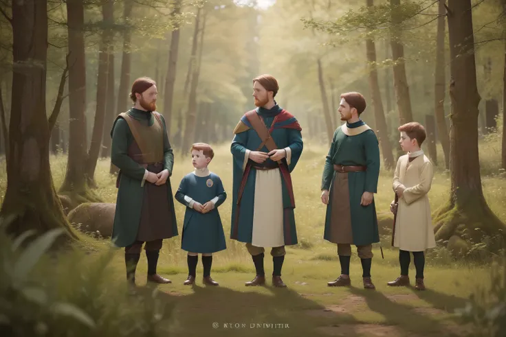 Year: 11th century. Location: Kilmarnock. Pre-raphaelite scene with a 32-year-old english man, physician, with redhead wife and ((two sons)), ((8 and 7-year-old boys)), gathering herbs in a scottish forest, ((((11th century plain tunic)))) ((11th century h...