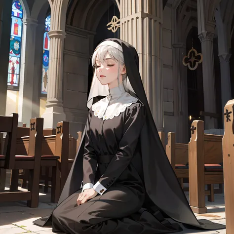 （best quality， masterpiece：1.4），（photorealistic：1.2），（photorealistic：1.2），（absurd：1.2），4K，detailsultra detail，Digital art，Mold detailed face, outside of church, stained corrected glass stains，Mature woman，Giant：1.3，Nuns dress，Close eyes，Kneel，PrayCross han...