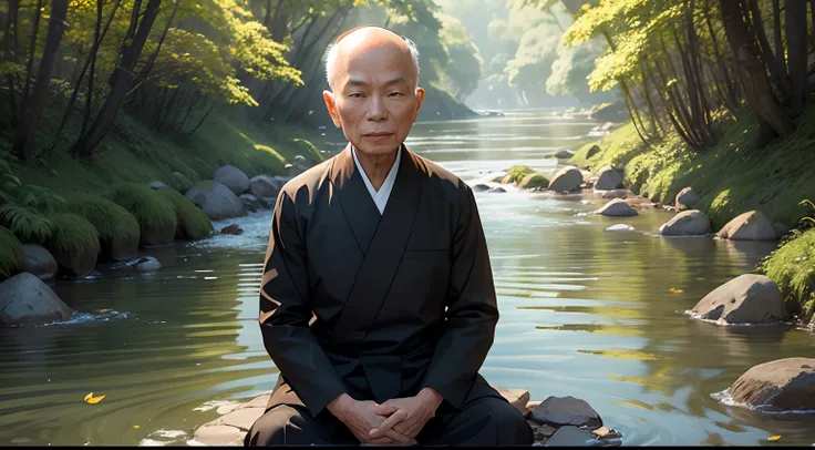 Thich Nhat Hanh on the edge of a river, watching the stream. the stream has leaves floating on its surface