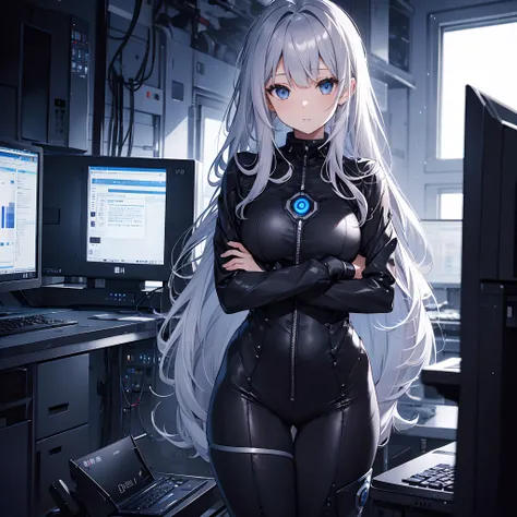 Silver-haired woman、One woman、20yr old、AI、Black clothe、plugsuit、top-quality、computers、lab