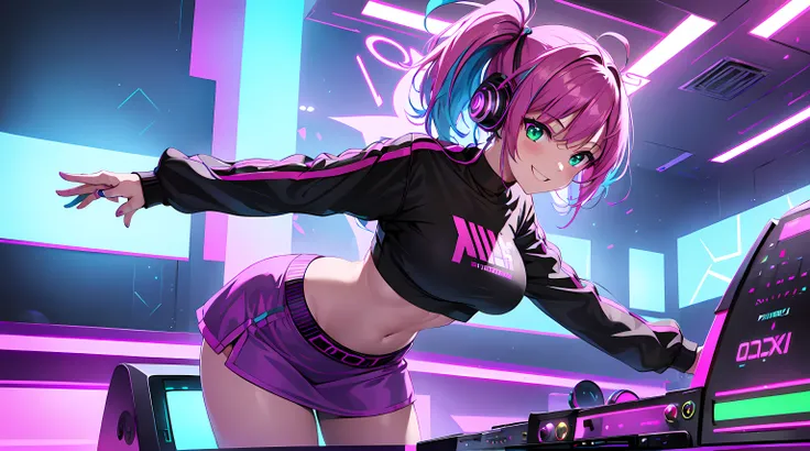 ​masterpiece, 1girl ((20year old, crop top shirt exposes navel, purple miniskirt, sneakers, medium breasts, multicolor pink hair, twin ponytails, green eyes, flirting, happy, big smile, looking forward, headphones, standing behind a DJ turntable, DJ music ...