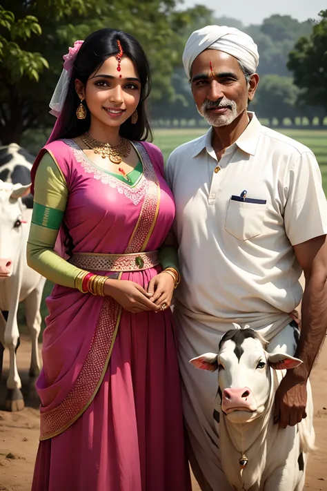 cheerful indian farmers with wife and cows