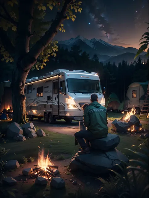 There was a man in Jungle sit on the stone, around the bonfire, night sky, camping, RV Motor home parked in background, night view, best quality graphics, 24K UHD, 3D animation