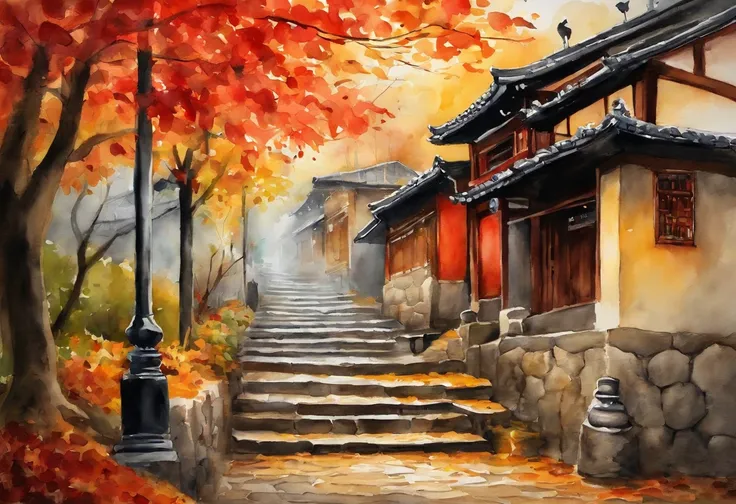 ancient city,kyoto,Traditional architecture of Japan,Cobblestone alley,Back alley,autumnal,Colored leaves,Bright autumn leaves, red leaves, golden leaves,Small staircase,Stray cat sitting on the stairs