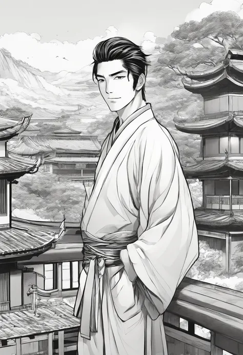 (Manga, comic, black and white, scenery, panels), (best quality, masterpiece), 1sumarai, dappled sunlight, indoors, kimono, hair tied  , shy, 1 sumarai, man , (goosebumps:0.7), manly face, (small scars, tied hair :0.9), 4k, 8k, uhd, hdr, detailed backgroun...