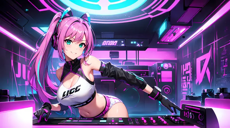 ​masterpiece, 1girl ((20year old, crop top shirt exposes navel, purple miniskirt, sneakers, medium breasts, multicolor pink hair, twin ponytails, green eyes, flirting, happy, big smile, looking forward, headphones, standing behind a DJ turntable, DJ music ...