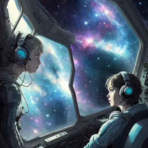 alien listening to headphones, Splash panel art style Sean Gordon Murphy, on spaceship, lofi colors, window view endless cosmos galaxy nebula in background, ultra detailed illustration, music poster, glow around face,