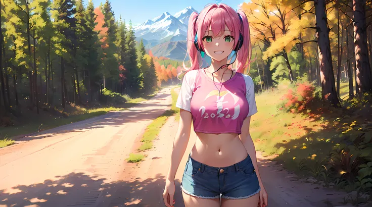 ​masterpiece, 1girl ((20year old, crop top shirt exposes navel, blue Jean shorts, sneakers, medium breasts, multicolor pink hair, twin ponytails, green eyes, flirting, happy, big smile, looking forward, headphones, standing on a dirt road with mountains an...