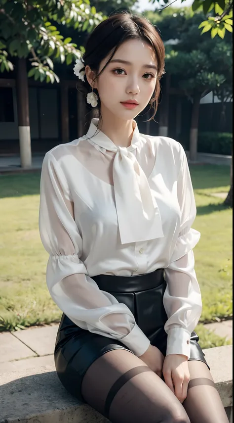 Upper class woman sitting on beautiful park lawn with purse and handbag, Sitting, (No bra)、Wearing an ultra-thin silk blouse over naked、Wearing ((Sukesuke Silk Blouse:1.3)), jaw-dropping beauty、 thighhighs and skirt, (Wear ultra-realistic pantyhose)、elegan...