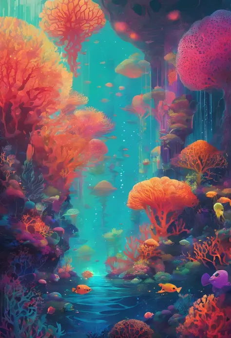 Colorful coral reefs，Underwater Kingdom，Glowing underwater plants，Yayoi Kusama，Dreamy，Dreamlike scenery，Tower