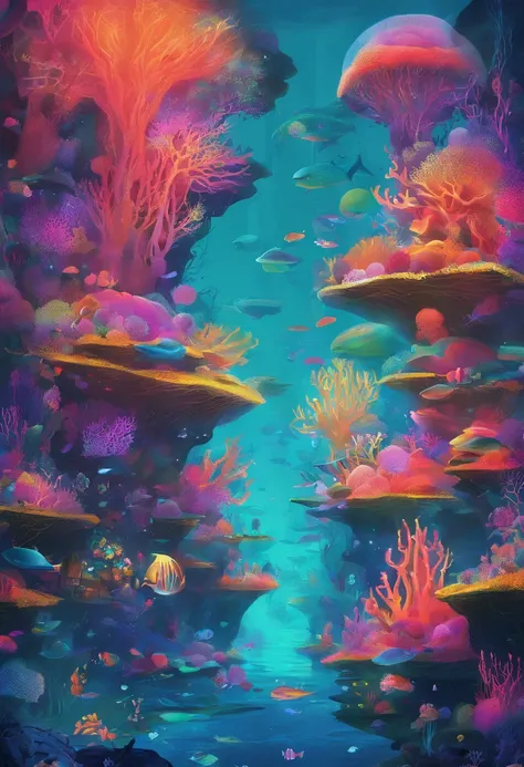 Colorful coral reefs，Underwater Kingdom，Glowing underwater plants，Yayoi Kusama，Dreamy，Dreamlike scenery，borgar，tower