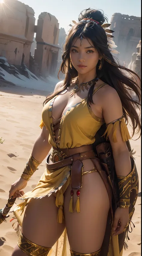 ((masterpiece)), ((best quality)), ((highres)), extremely detailed)), ((1 girl as Pocahontas)), full body, Native American woman, beautiful woman shot from front view, Big breast, (super realistic), (peerless beauty), detailed skin texture, detailed cloth...