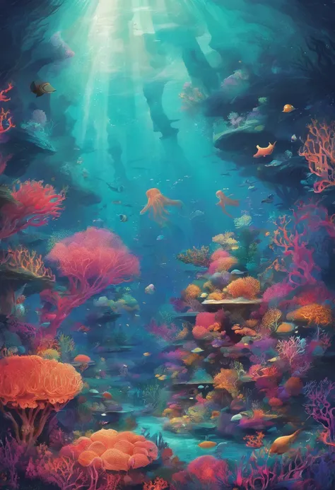 Colorful coral reefs，Underwater Kingdom，Glowing underwater plants，Yayoi Kusama，Dreamy，Dreamlike scenery，an octopus，the shark