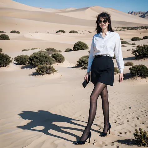 ((Best quality)), ((Masterpiece)), ((Realistic)), ((Best quality)), ((Masterpiece)), ((Realistic)), Girl walking in the desert, Look tired, Wearing a loose，Wear yours with a long-sleeved shirt and，Headgear, sunglasses, Very beautiful, Sight level in nature...