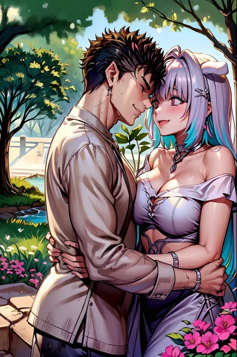 (ultra-detailed, highres, 1.37), (HDR, vivid colors), couple in love, riamu and guts, a beautiful sunny day in the park, husband and wife enjoying a romantic picnic under a shady tree. The couples affectionate gestures and loving smiles create a heartwarmi...