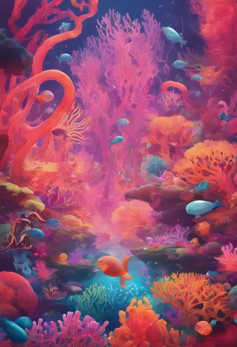 Colorful coral reefs，Underwater Kingdom，Glowing underwater plants，Yayoi Kusama，Dreamy，Dreamlike scenery，an octopus，the shark