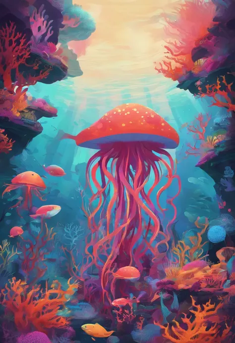 Colorful coral reefs，Underwater Kingdom，Glowing underwater plants，Yayoi Kusama，Dreamy，Dreamlike scenery，an octopus，the shark