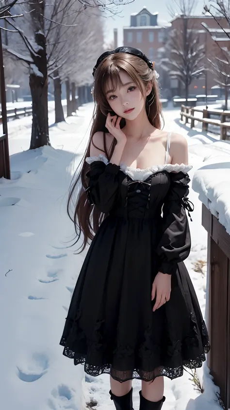 8K, best qualtiy, Masterpiece, photograph realistic, Hide your face with happiness, Black Lolita costume, Lace, Aerith Gainsborough, Whole body, undergarments, exposed bare shoulders, do lado de fora, outside, Covered with snow, cloaks, high high quality, ...