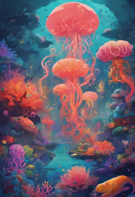 Colorful coral reefs，Underwater Kingdom，Glowing underwater plants，Yayoi Kusama，Dreamy，Dreamlike scenery，an octopus，the shark