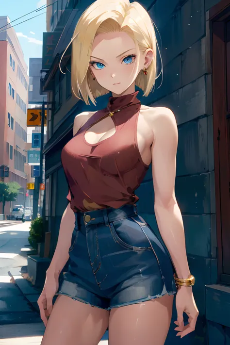 best quality, highres, and18, 1girl, android 18, solo, blonde hair, blue eyes, short hair, earrings, jewelry, medium breasts, cowboy shot, street,