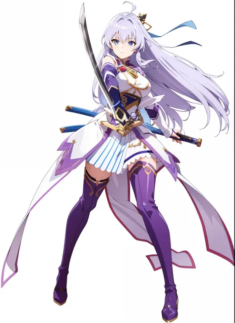 Highest image quality，8k，Anime girl with long white hair and purple costume holding a sword, (Delicate blue eyes)，official character art, Female action anime girl, Ayaka Genshin impact, Katana Zero video game character, full body white purple cloak, offcia...