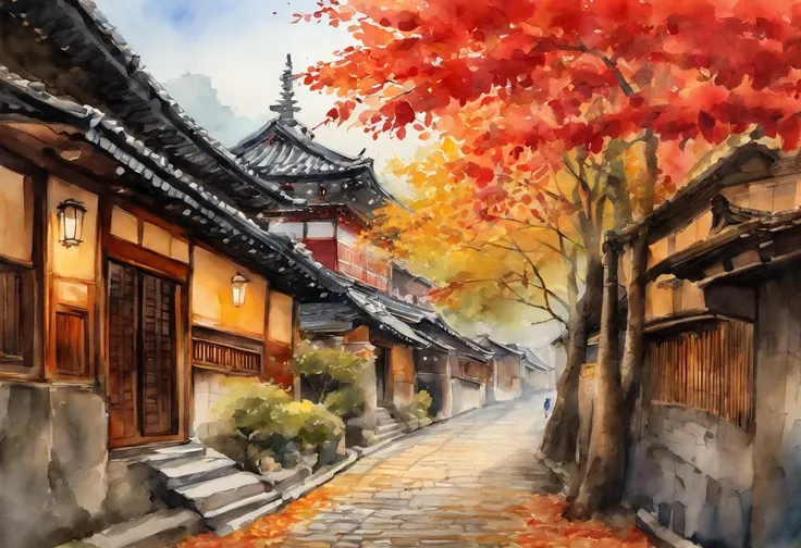 ancient city,kyoto,Traditional architecture of Japan,Cobblestone street,Back alley,autumnal,Colored leaves,Bright autumn leaves, red leaves, golden leaves,Gentle slope,Five-storied pagoda seen in the distance