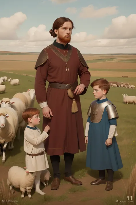 Year: 11th century. Location: Kilmarnock, Scotland. Pre-raphaelite scene with a 32-year-old english man, physician, with redhead wife and ((two sons)), ((8 and 7-year-old boys)), sheep in the distance, ((((11th century plain tunic)))) ((11th century hairst...