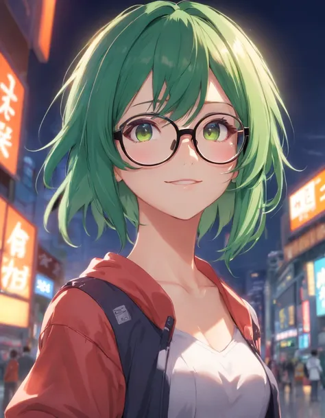 cosplay, E-girl+++, fembot, shiny, green hair, glasses, wearing black frame glasses, female android, with glasses, Asian, malfunction fembot, popular pronstar, Scientistcosplay, {E-girl, fembot, shiny}, {green hair}, a woman glasses, wearing black frame gl...